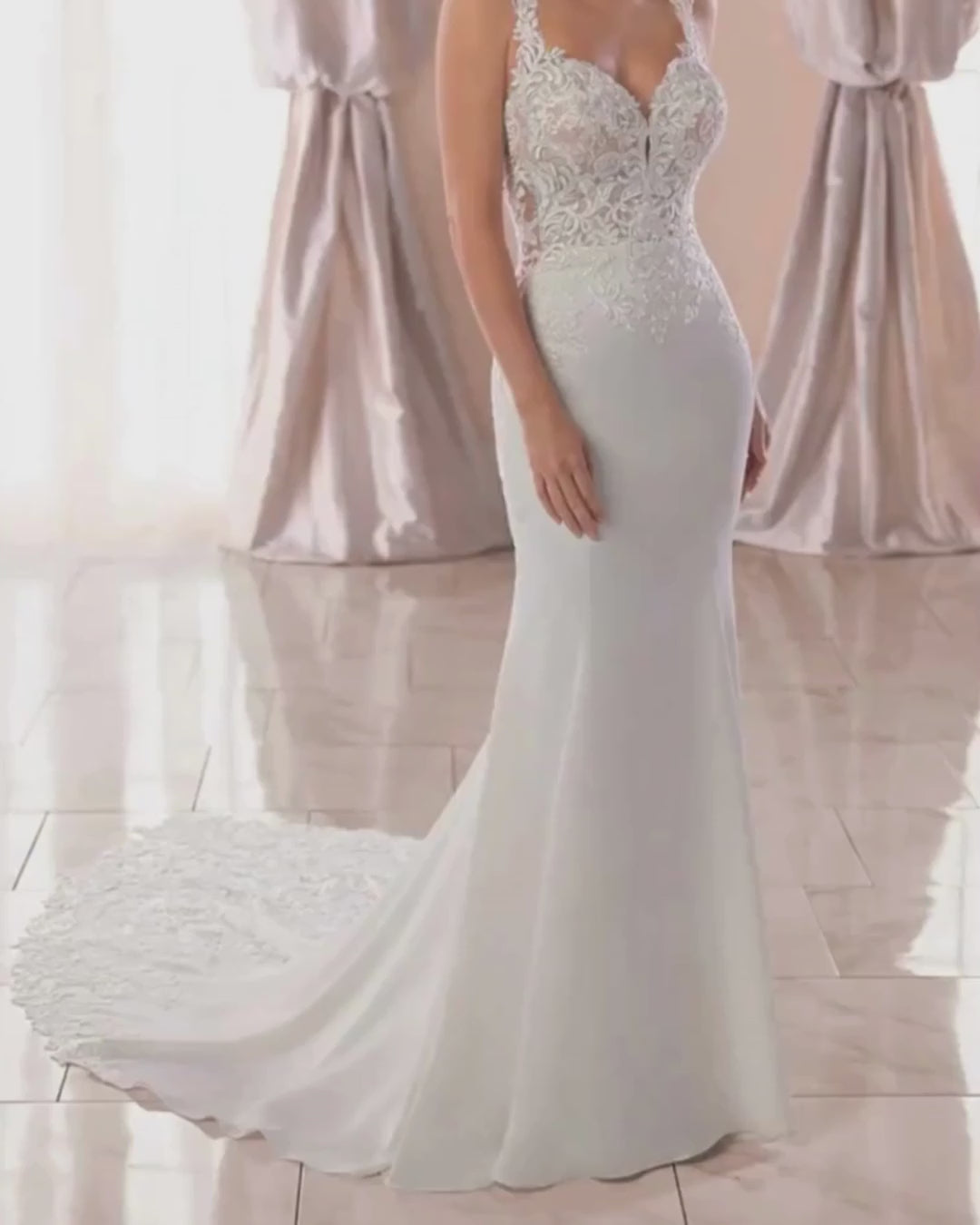 Long Mermaid Sweetheart Sleeveless Satin Lace Wedding Dress-27dress