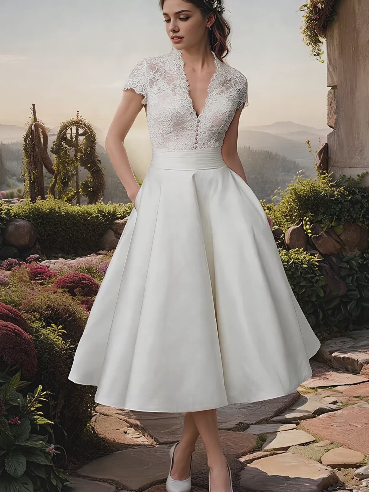 27DRESS Short A-line V-Neck Tea-Length Lace Satin Wedding Dresses with Pockets