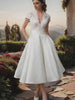 27DRESS Short A-line V-Neck Tea-Length Lace Satin Wedding Dresses with Pockets