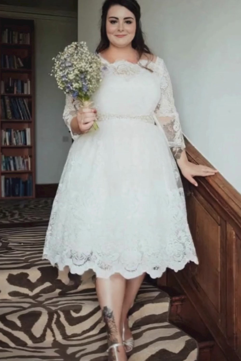 A-Line Illusion Lace Tea-Length Long Sleeves Wedding Dress With Sashes From 27dress