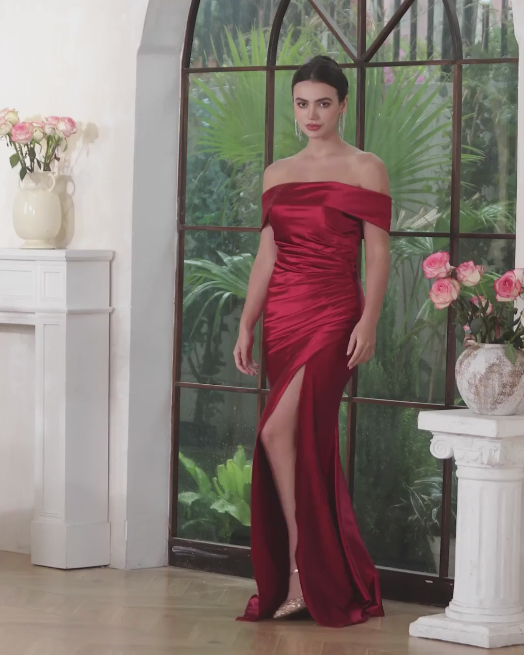 Off-the-shoulder Satin Mermaid Long Prom Dress with Slit-27dress