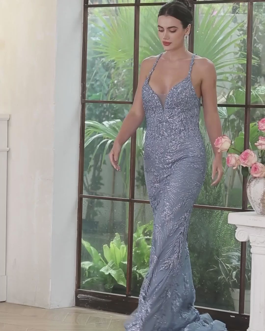 Plunge V Neck Mermaid Long Prom Dress with Lace Applique-27dress