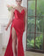 Red Spaghetti Straps V-neck Sheath Long Prom Dress with Slit-27dress