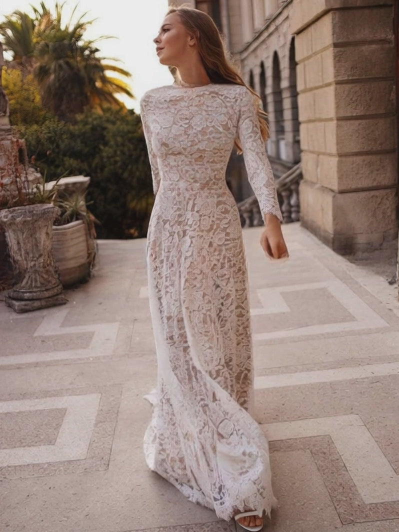 27DRESS A-line Scoop Neck Lace Sweep Train Wedding Dresses