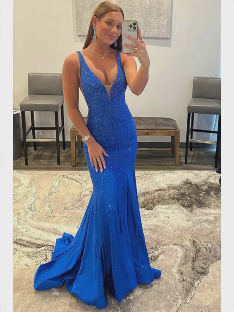 27Dress Long Mermaid V-Neck Sleeveless Sequined Backless Prom Dress