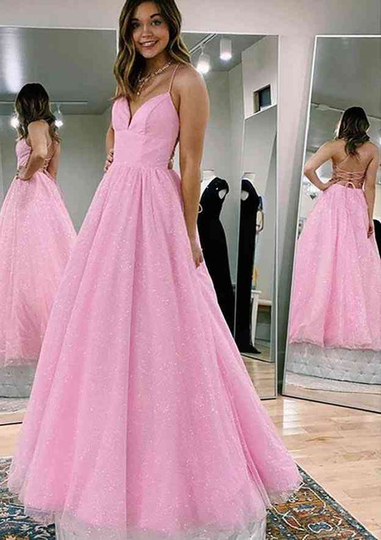Load image into Gallery viewer, Princess A-Line V-Neck Spaghetti Strap Tulle Glitter Prom Dress-27dress
