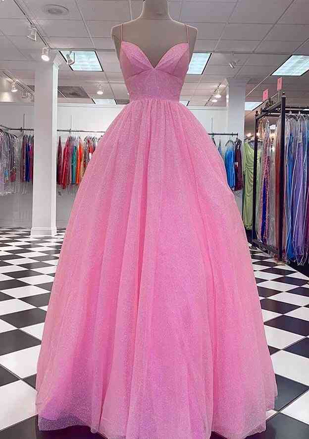 Load image into Gallery viewer, Princess A-Line V-Neck Spaghetti Strap Tulle Glitter Prom Dress-27dress
