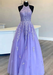 Princess Halter Long/Floor-Length Lace Tulle Prom Dress with Appliqued Beading-27dress