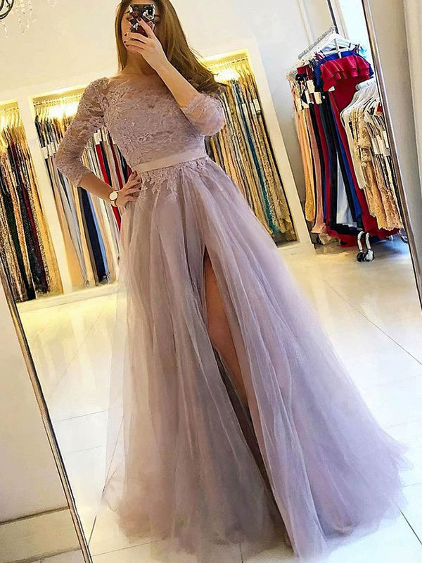 Princess Scoop Neck Tulle Prom Dress with Split Front and Sweep Train