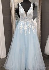 Princess V Neck Tulle Prom Dress With Appliqued Lace-27dress