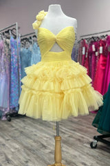 Princess Yellow One Shoulder Knotted Ruffle Short Party Dress