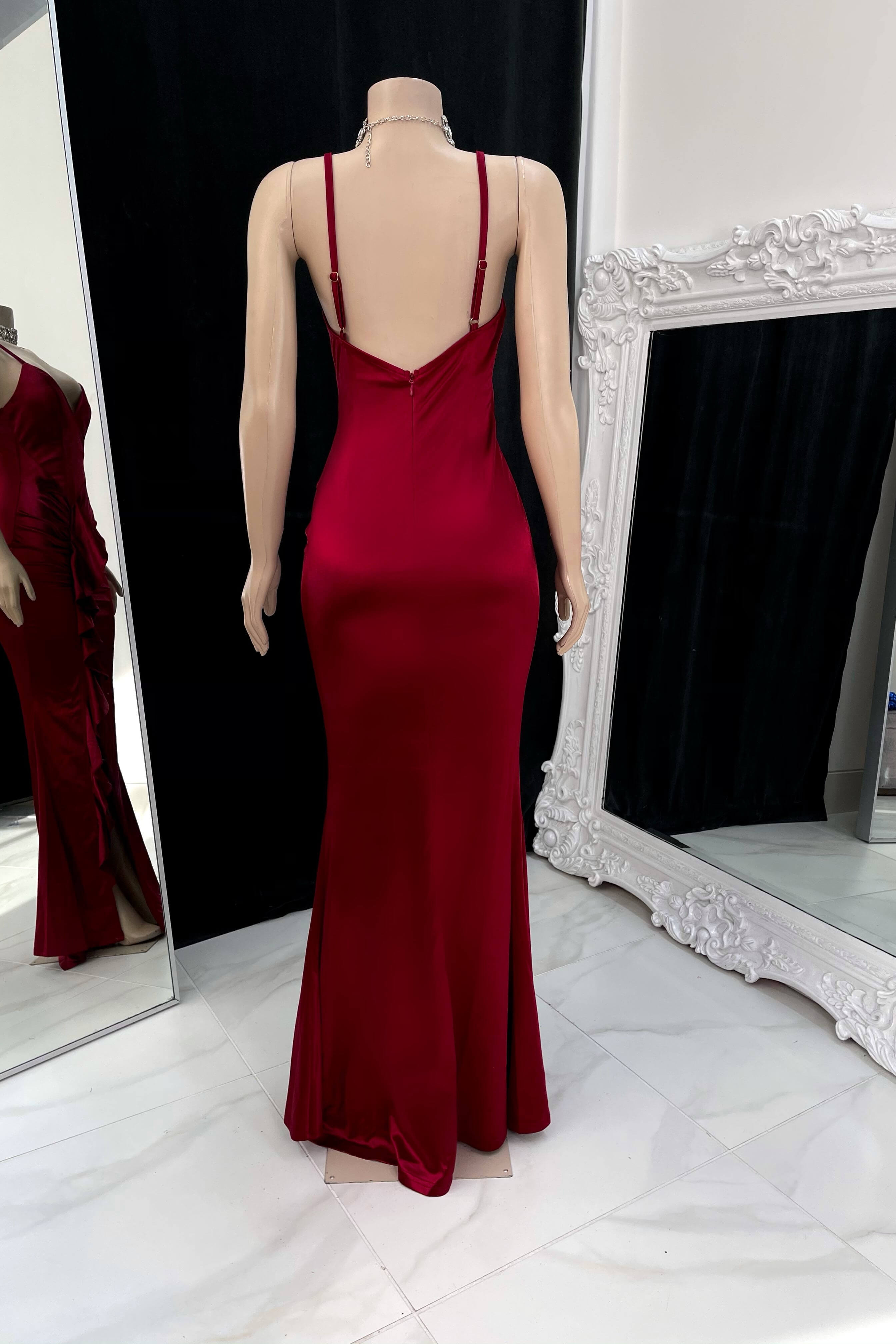 Prom Dress Burgundy Gown Spaghetti Strap Sleeveless Pleated Side Slit
