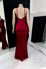 Prom Dress Burgundy Gown Spaghetti Strap Sleeveless Pleated Side Slit