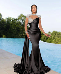 Prom Dress Long Mermaid Satin With Trail Beadings Long Sleeves Purple