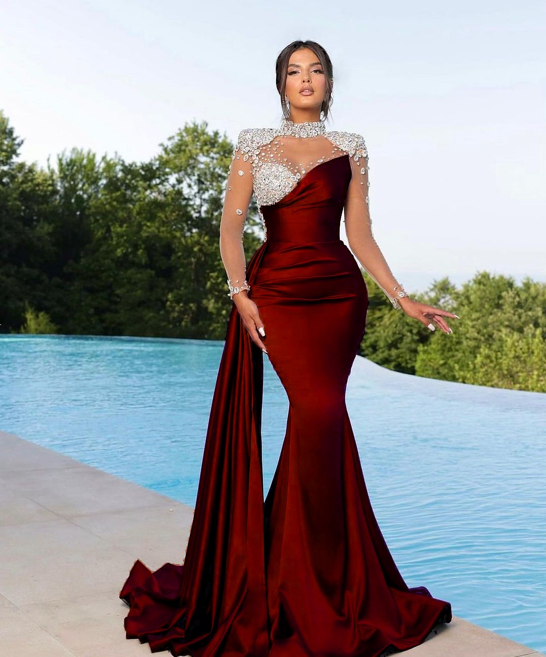 Prom Dress Long Mermaid Satin With Trail Beadings Long Sleeves Purple