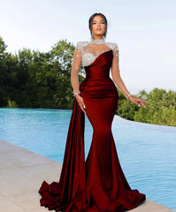 Prom Dress Long Mermaid Satin With Trail Beadings Long Sleeves Purple