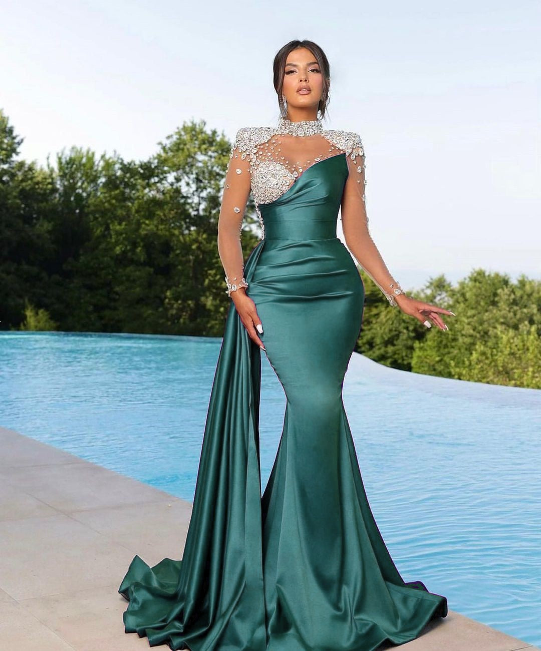 Prom Dress Long Mermaid Satin With Trail Beadings Long Sleeves Purple