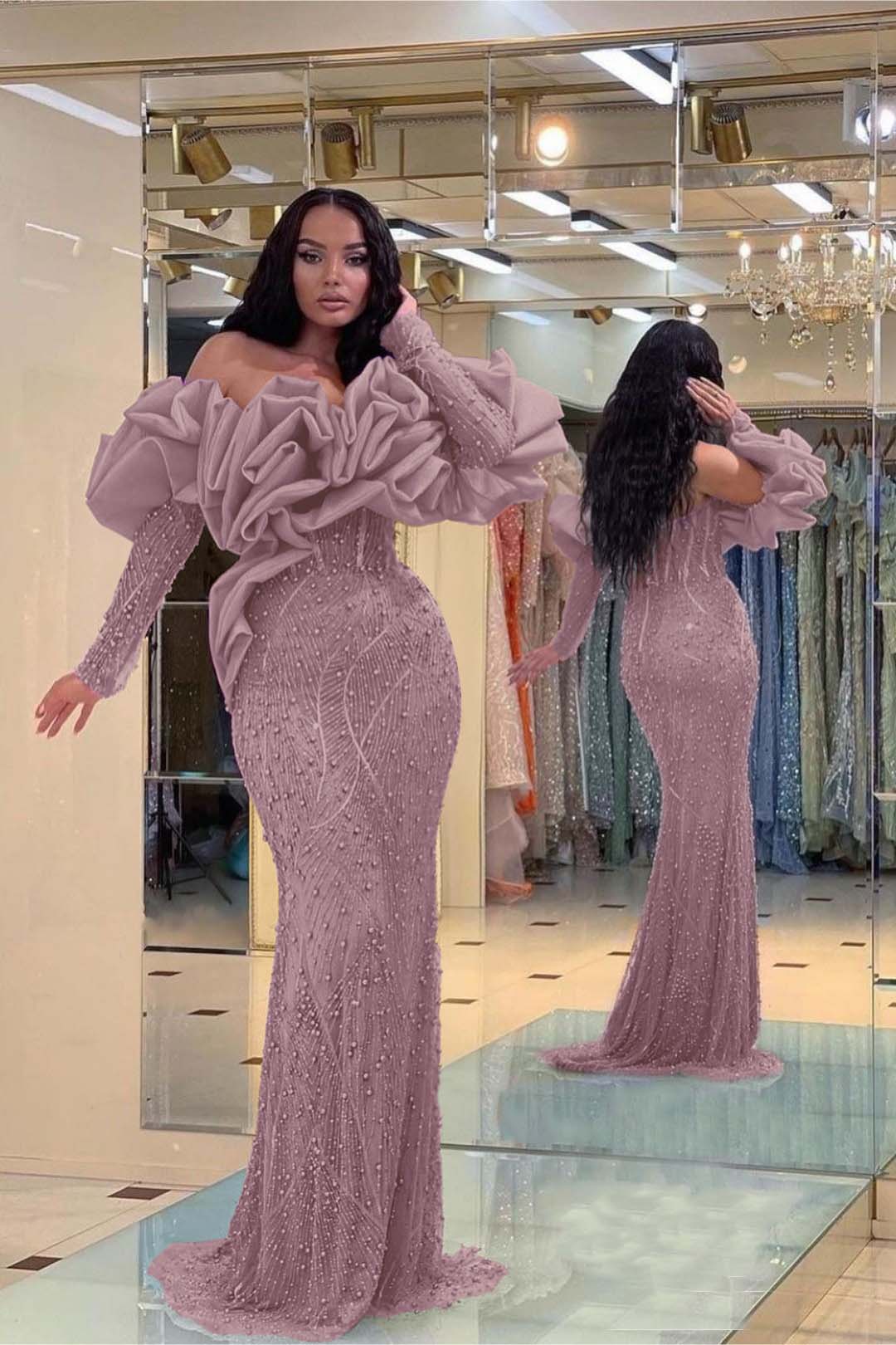 Prom Dress Purple Bubble Sleeves Long Strapless Sequins Beading
