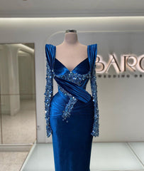 Prom Dress Royal Blue Long Sleeves Mermaid Charmeuse Beading