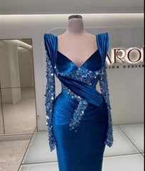 Prom Dress Royal Blue Long Sleeves Mermaid Charmeuse Beading