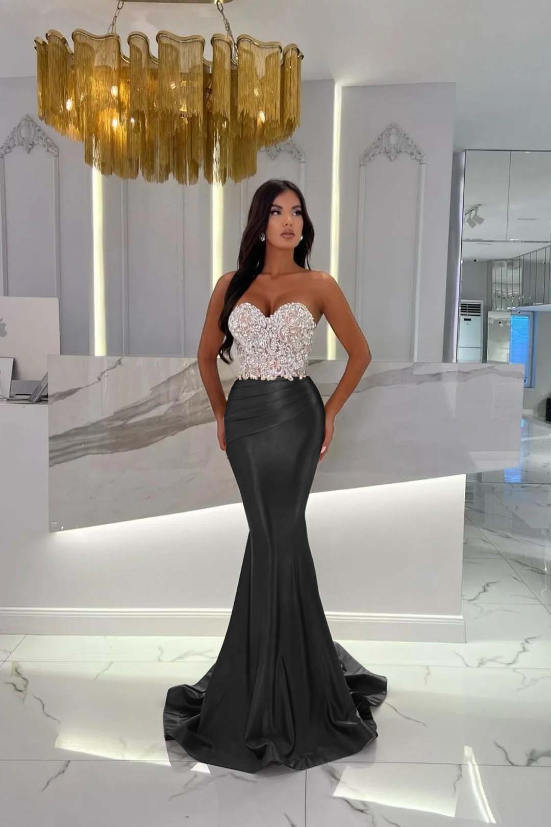 Prom Dress Satin Gold Sweetheart Sleeveless Strapless With Rhinstone Mermaid