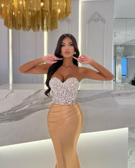 Prom Dress Satin Gold Sweetheart Sleeveless Strapless With Rhinstone Mermaid