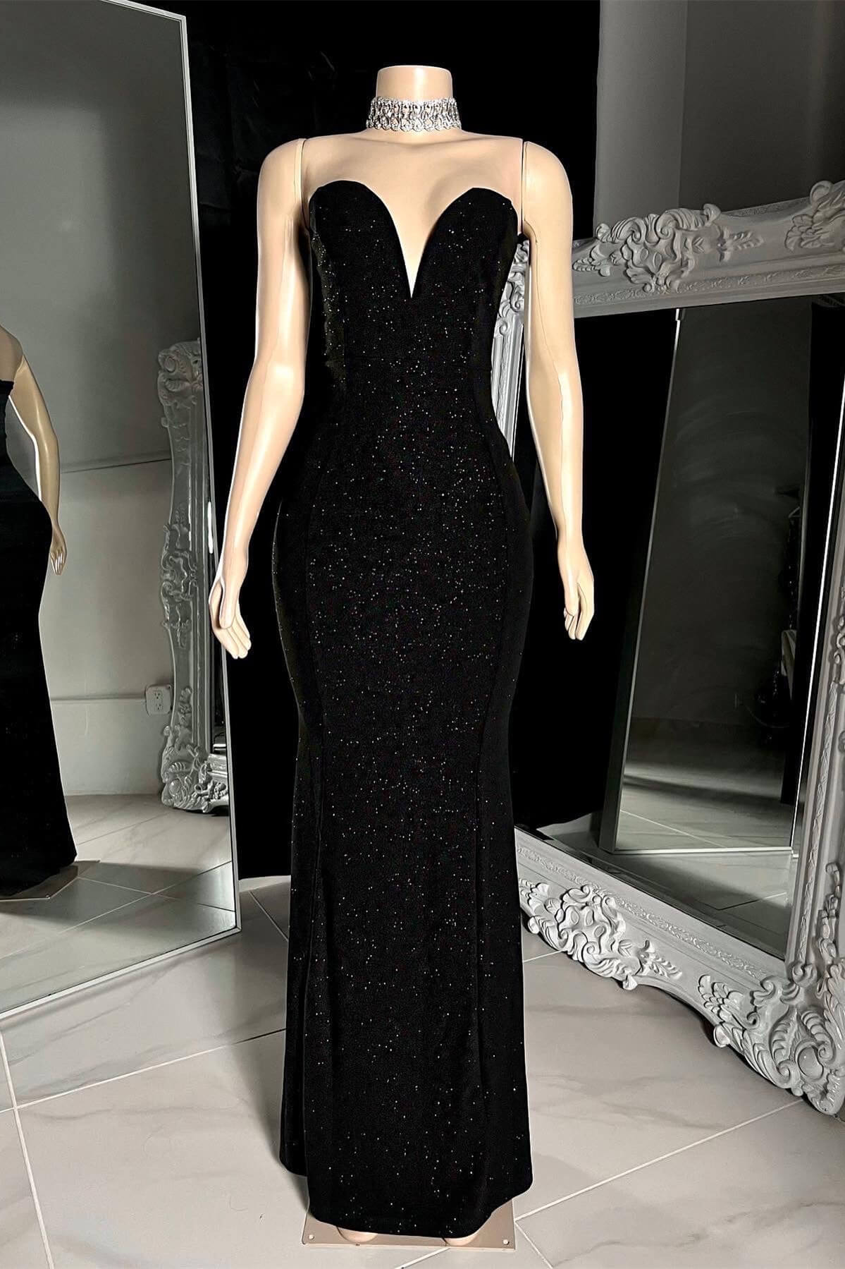 Prom Dress Sequins Sleeveless Long Mermaid Black With Strapless