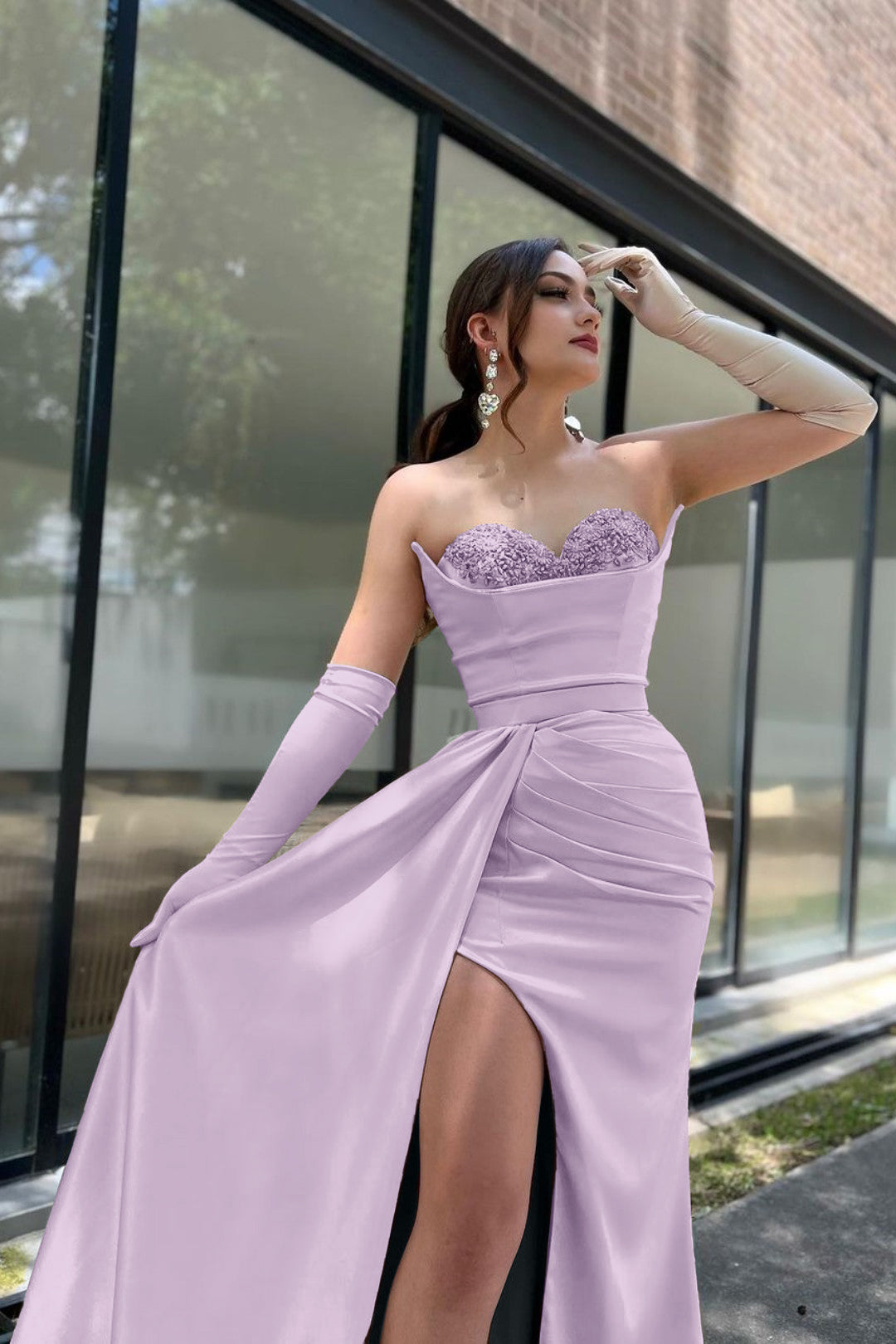 Prom Dress Sleeves Champagne Sweetheart High Slit With Gloves