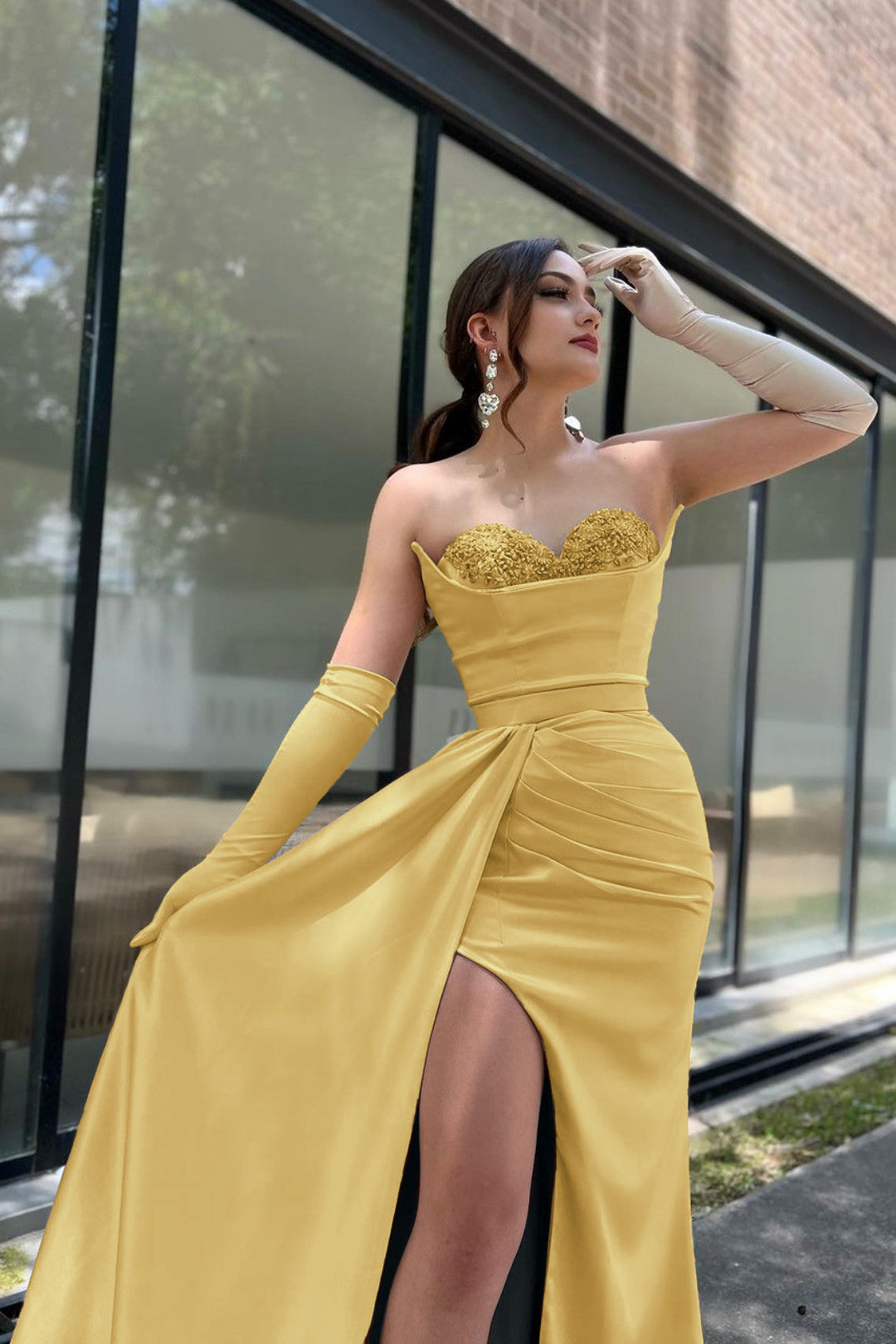 Prom Dress Sleeves Champagne Sweetheart High Slit With Gloves