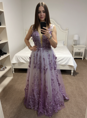 27DRESS Purple Deep V-neck Sleeveless Evening Dresses with Floral Applique