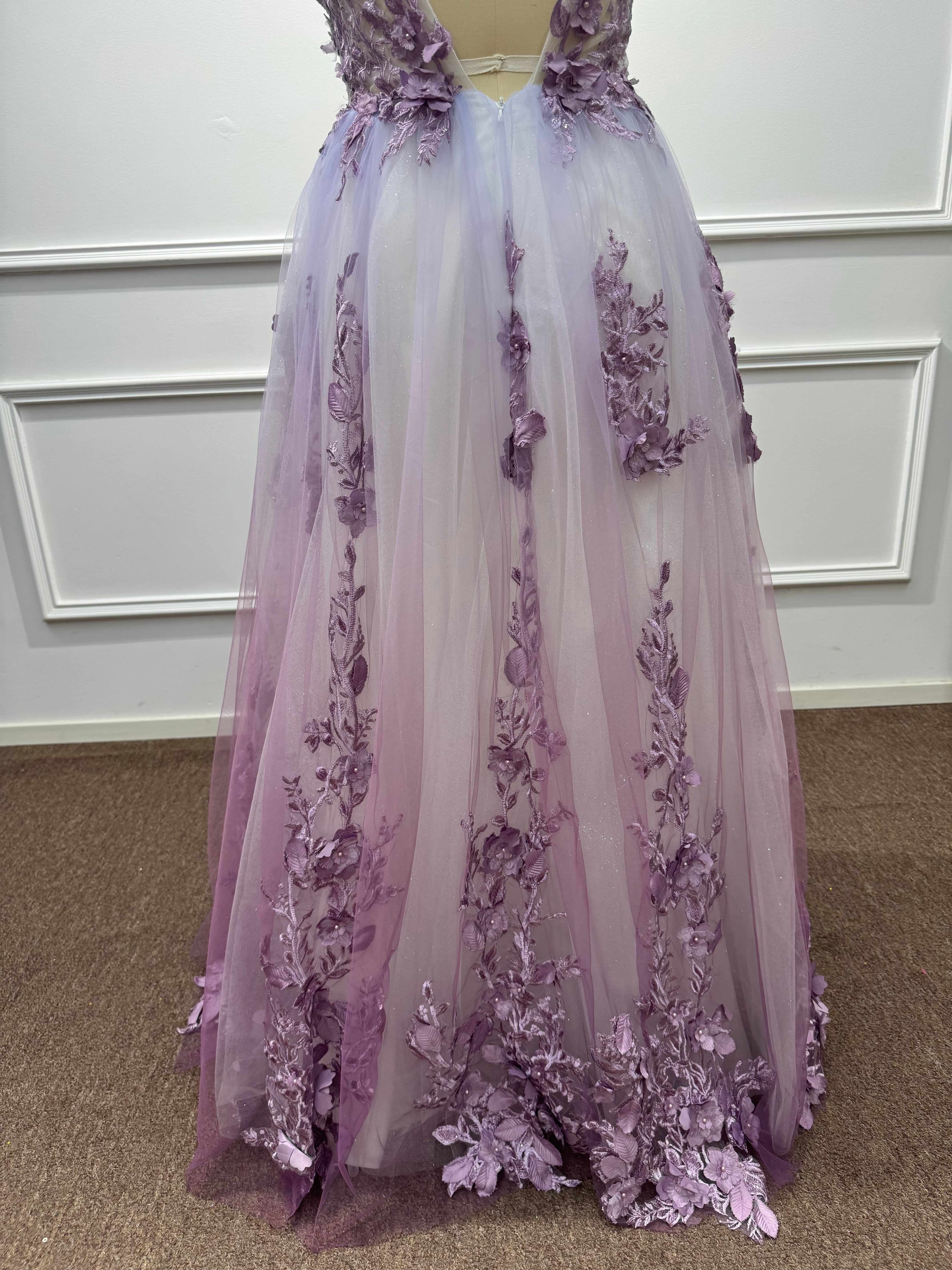 27DRESS Purple Deep V-neck Sleeveless Evening Dresses with Floral Applique