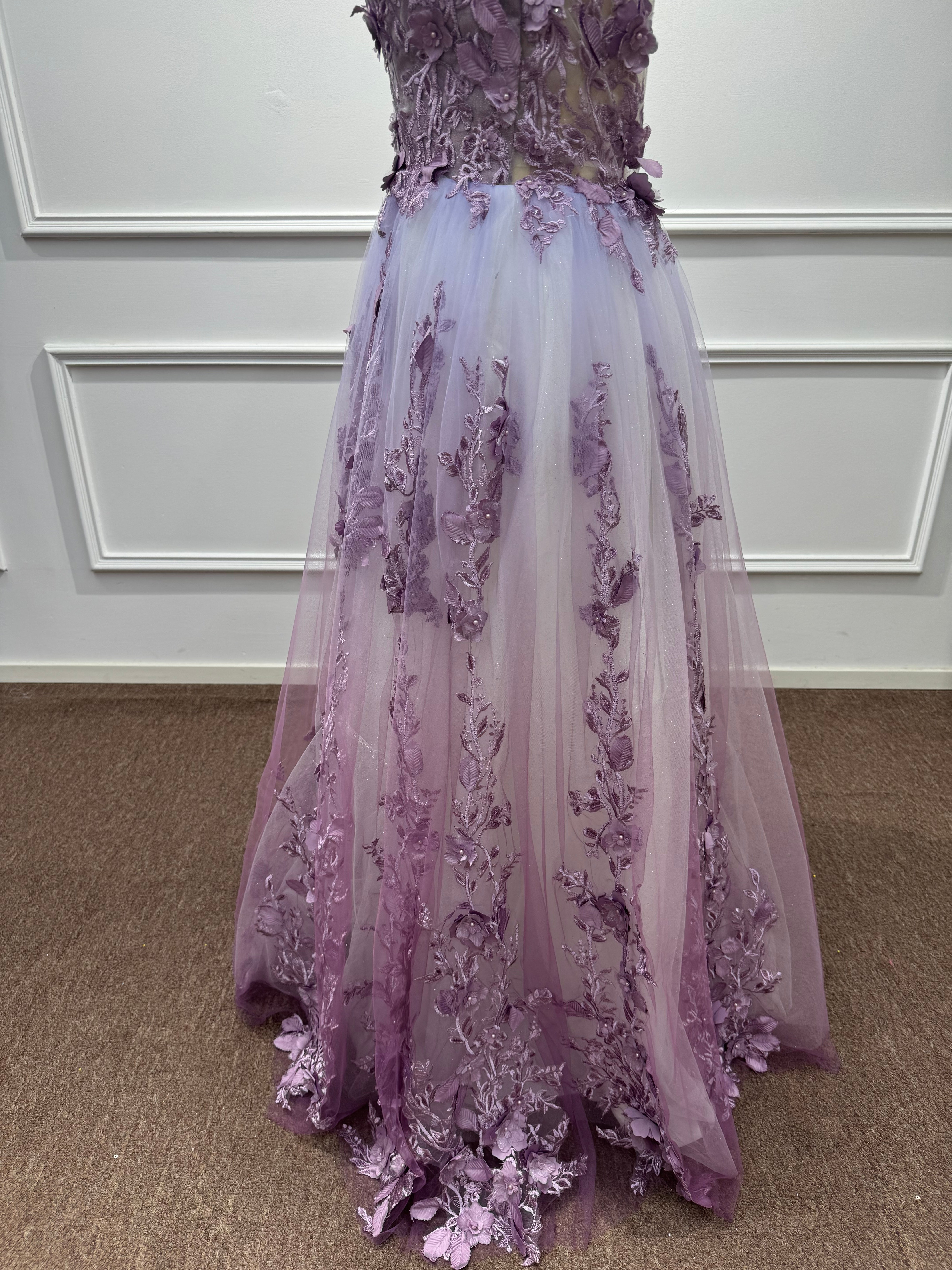 27DRESS Purple Deep V-neck Sleeveless Evening Dresses with Floral Applique
