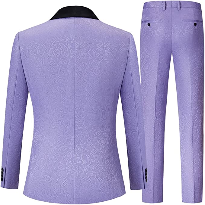 Double Breasted Jacquard Purple Wedding Suits With Black Velvet Shawl Lapel