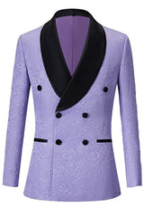 Double Breasted Jacquard Purple Wedding Suits With Black Velvet Shawl Lapel