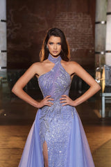 Purple Halter Mermaid Prom Dress Tulle Ruffles With Split Appliques