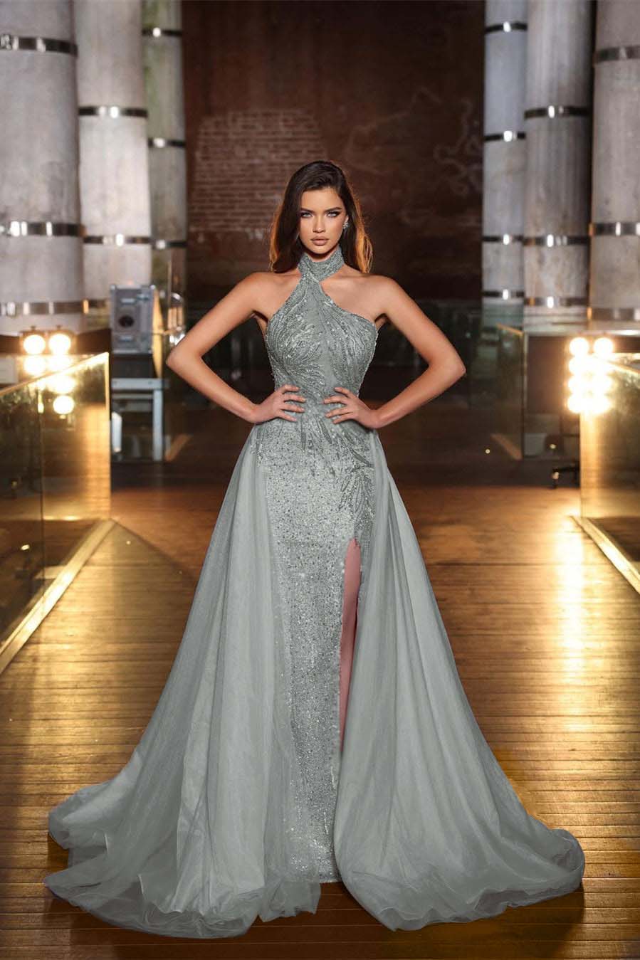 Purple Halter Mermaid Prom Dress Tulle Ruffles With Split Appliques