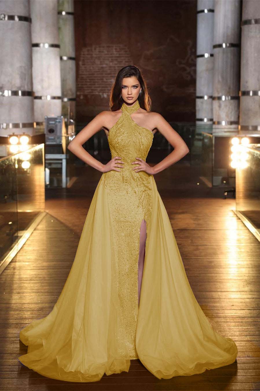Purple Halter Mermaid Prom Dress Tulle Ruffles With Split Appliques