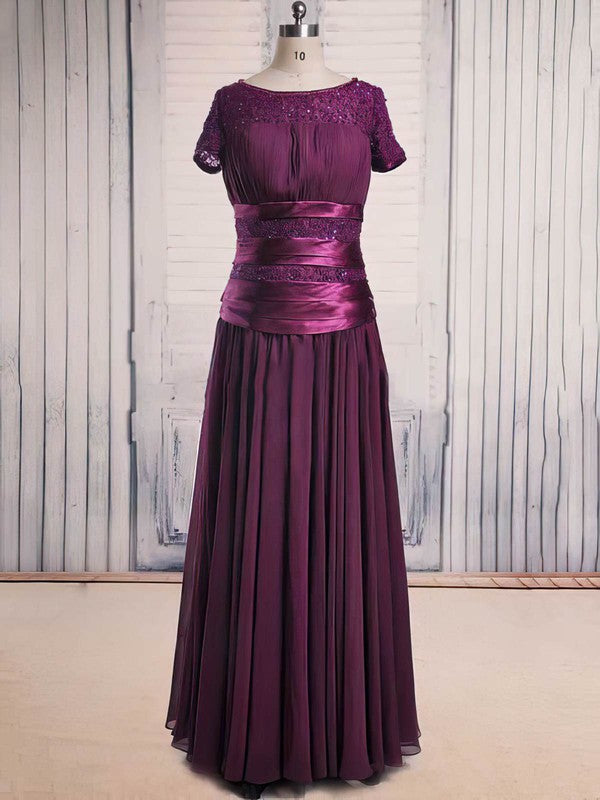 Purple Lace Chiffon Beaded Scoop Neck Short Sleeve Floor-length Mother of the Bride Dress