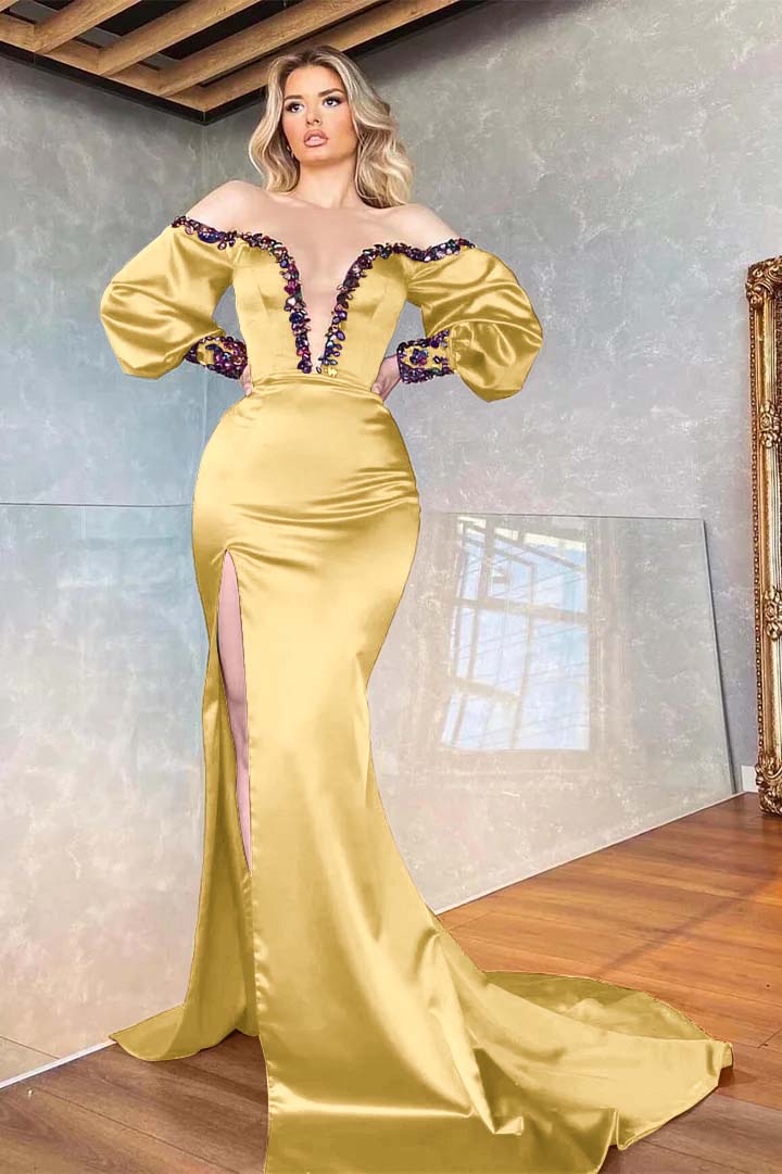 Purple Mermaid Beadings Front Split Prom Dress Off the Shoulder With Long Sleeves V Neck