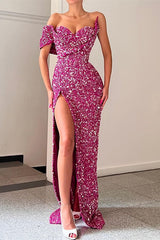 Purple One Shoulder Sleeveless Mermaid Sweetheart Prom Dress With Split