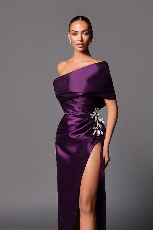 Purple One Shoulder Sleeveless Pleated Beadings Long Prom Dress With Split