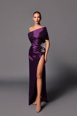 Purple One Shoulder Sleeveless Pleated Beadings Long Prom Dress With Split
