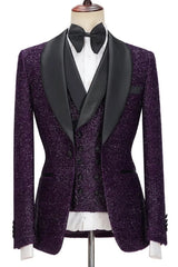 Sequins Shawl Lapel Three Pieces Purple Wedding Suits
