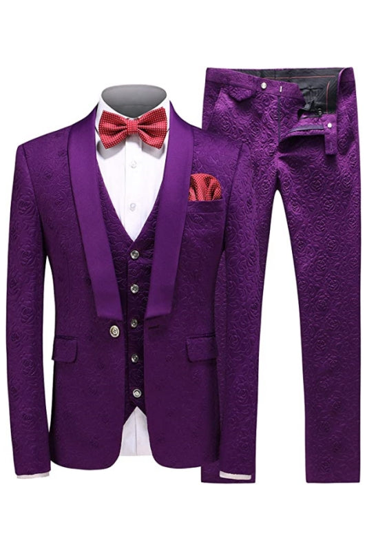 Purple Shawl Lapel Three Pieces Jacquard Men Suits For Wedding
