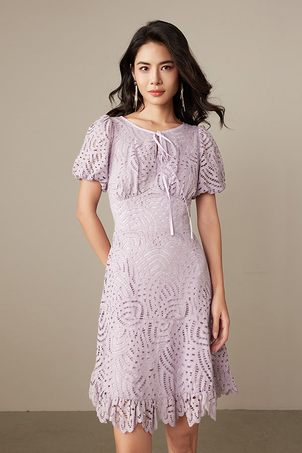 27Dress Purple Short Sleeves Crew Neck Lace Dresses