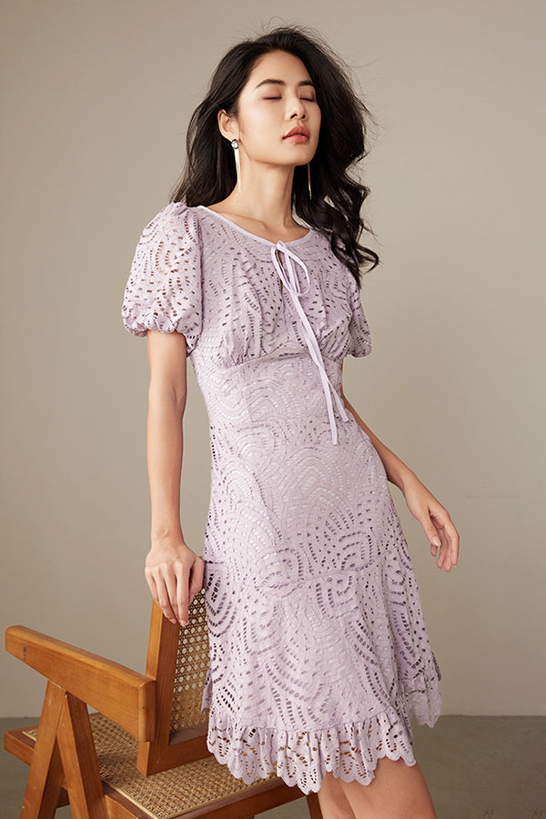27Dress Purple Short Sleeves Crew Neck Lace Dresses