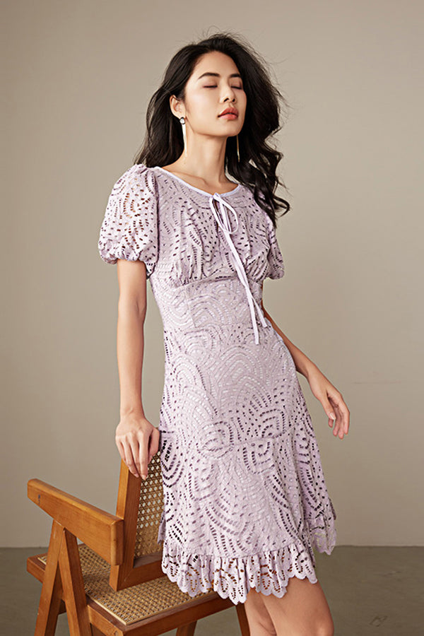 27Dress Purple Short Sleeves Crew Neck Lace Dresses