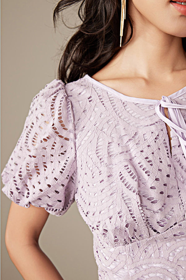 27Dress Purple Short Sleeves Crew Neck Lace Dresses