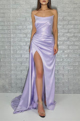Purple Sleeveless Strapless Mermaid Prom Dress With Front Split