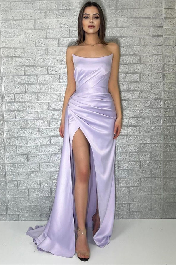 Purple Sleeveless Strapless Mermaid Prom Dress With Front Split